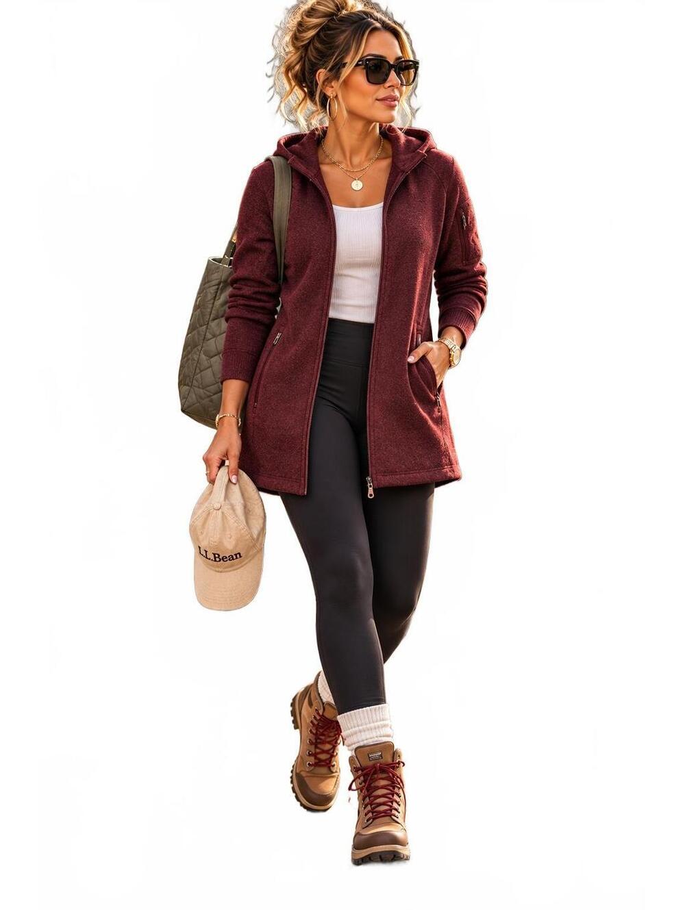 L.L.Bean Women's Burgundy Hooded Granola Girl Fleece Jacket Size Large